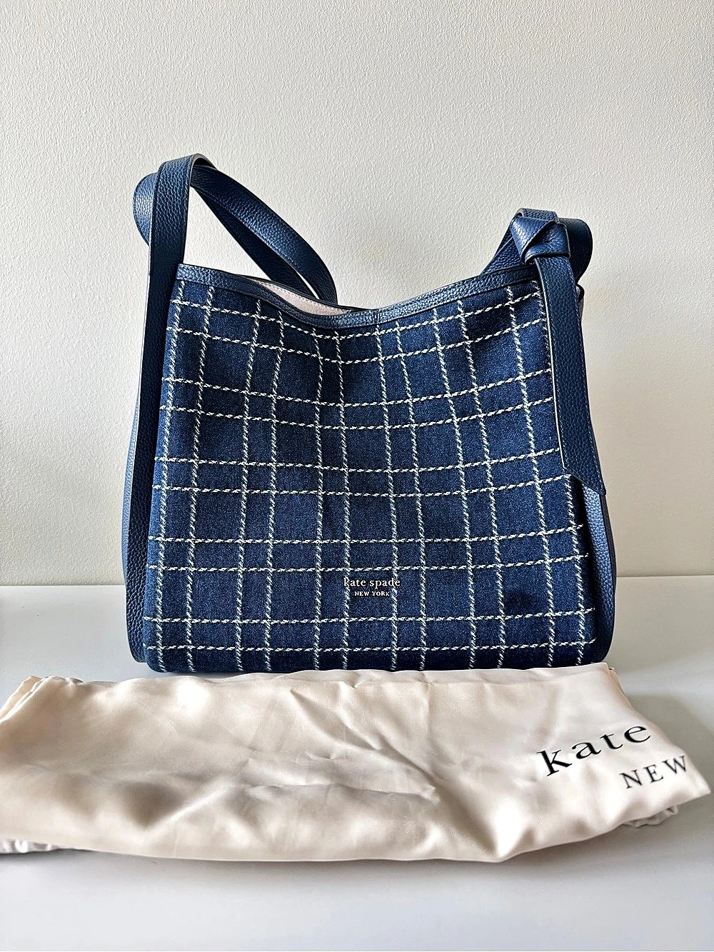 Kate Spade Knott Tote Blue Denim Leather Checkered Like New